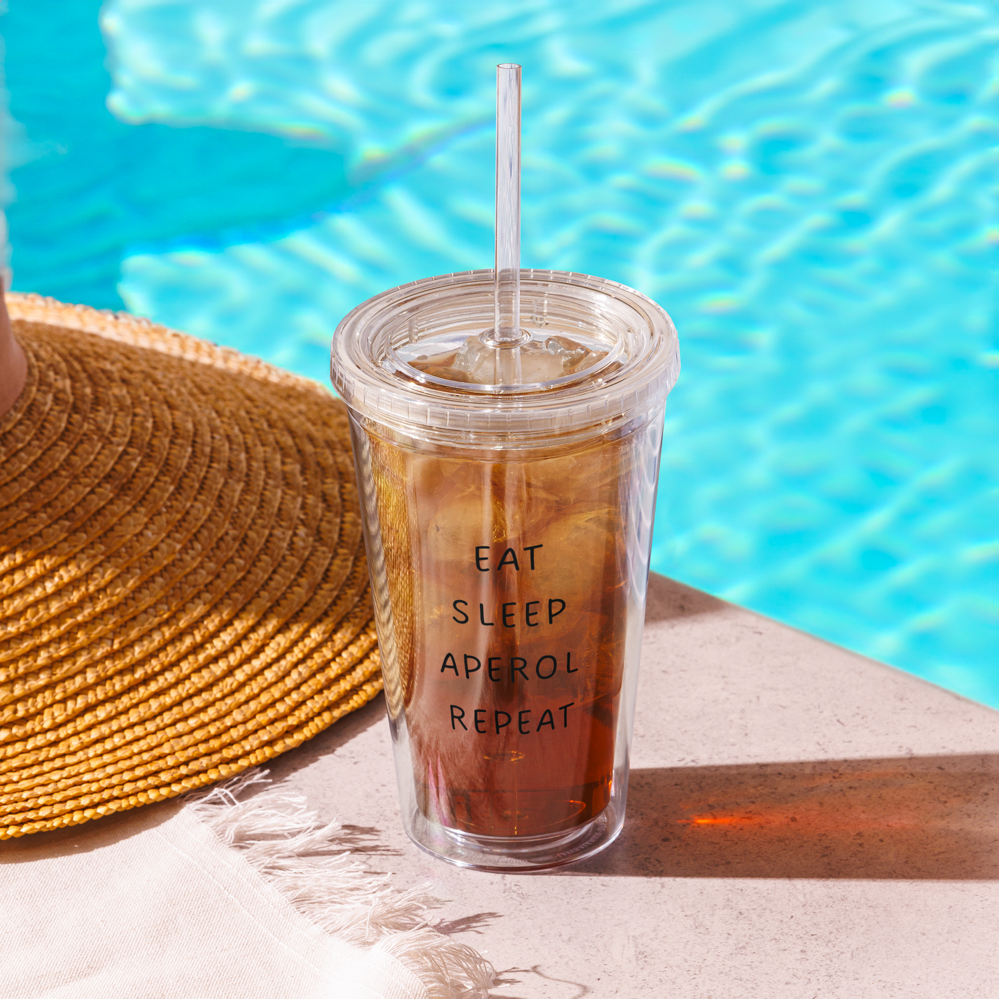 EAT SLEEP APEROL REPEAT BECHER TO GO MIT STROHHALM